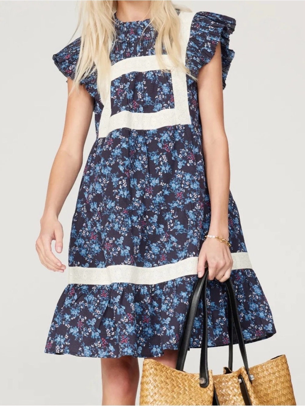 SEA New York Tilly Tunic Dress Blue Floral Lace Trim Ruffle Mini Dress 

Size 14